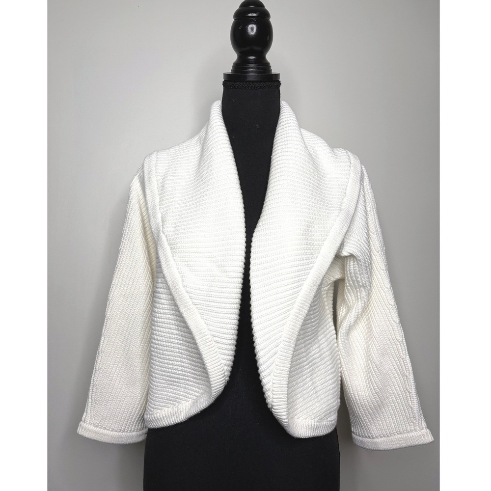 Cabi Half Circle Sweater Shrug Off White Rib Knit Cropped Cardigan 100% Cotton M
